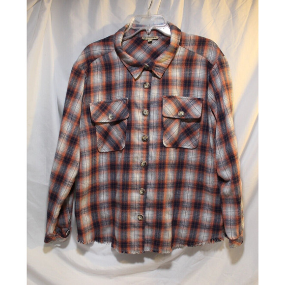 Democracy Women's L Red Blue Plaid Button-up Flannel Raw Hem Pockets LS Cowgirl - Picture 3 of 15